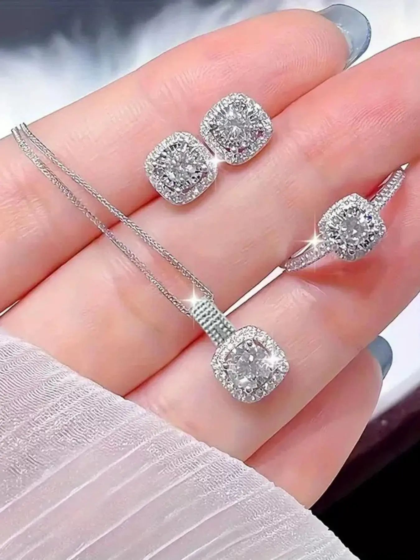Women's Elegant Square Shaped Pendant Necklace & Earrings & Ring, Exquisite Trendy Jewelry Set, Fashionable Accessories for Daily & Party Decoration