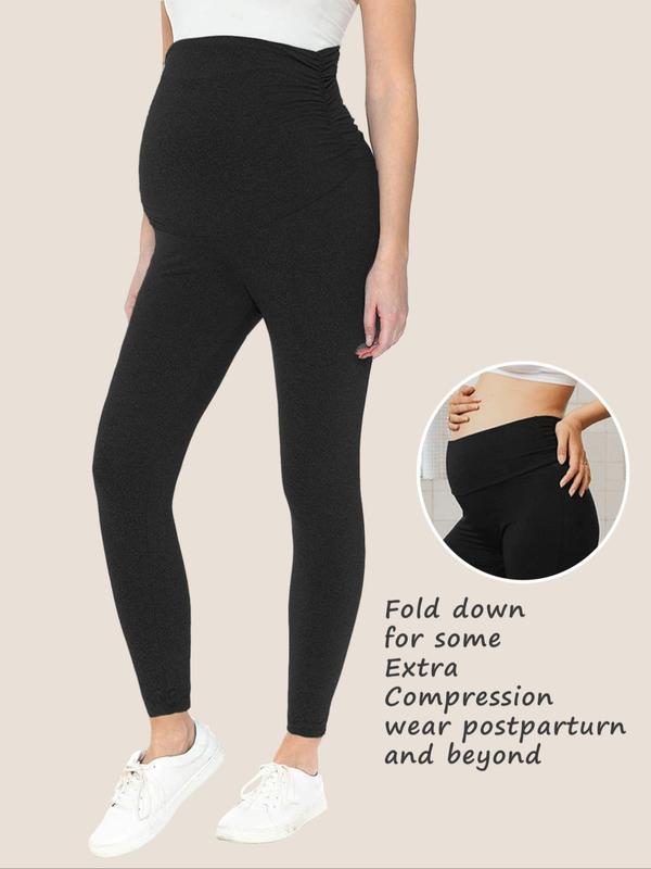 Maternity Solid Color Ruched High Waist Maternity Leggings, Casual Comfy Breathable Skinny Pants for Pregnancy & Postpartum, Maternity Bottoms for Fall & Winter 2