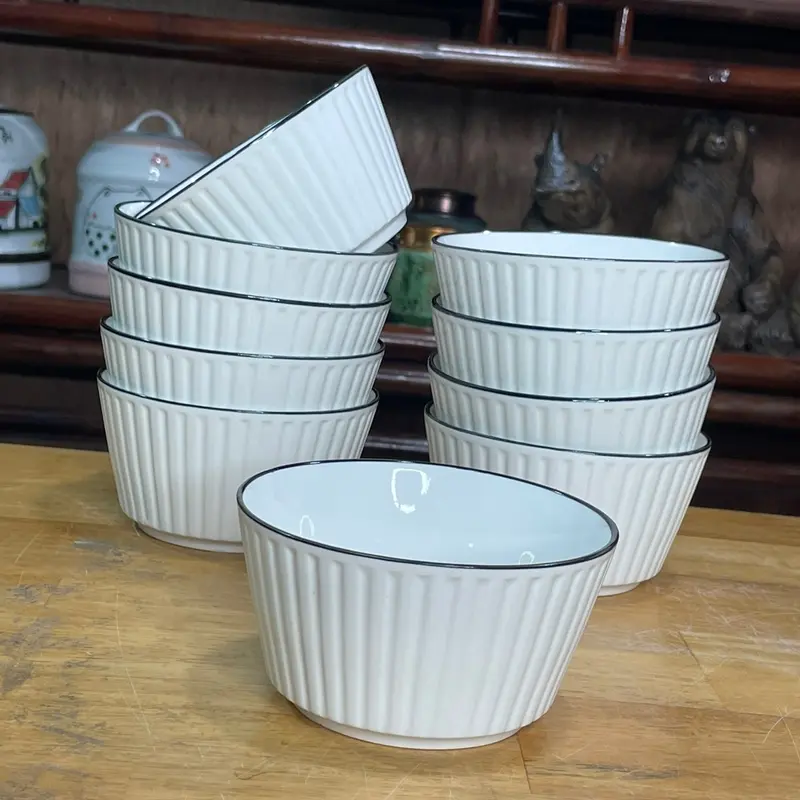 Set 10 bát cơm vuông trắng viền đen gốm  sứ 0