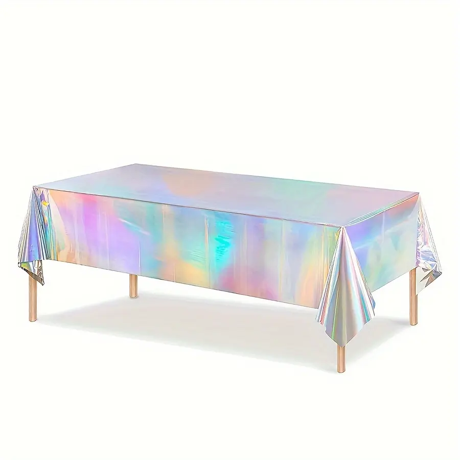 1pc Fluorescent Plastic Tablecloth Disposable Rainbow Tablecloth Holographic Foil Rectangular Table Cover Birthday Disco Bachelorette Wedding Rainbow Party Decoration 54 Inch X 108 Inch