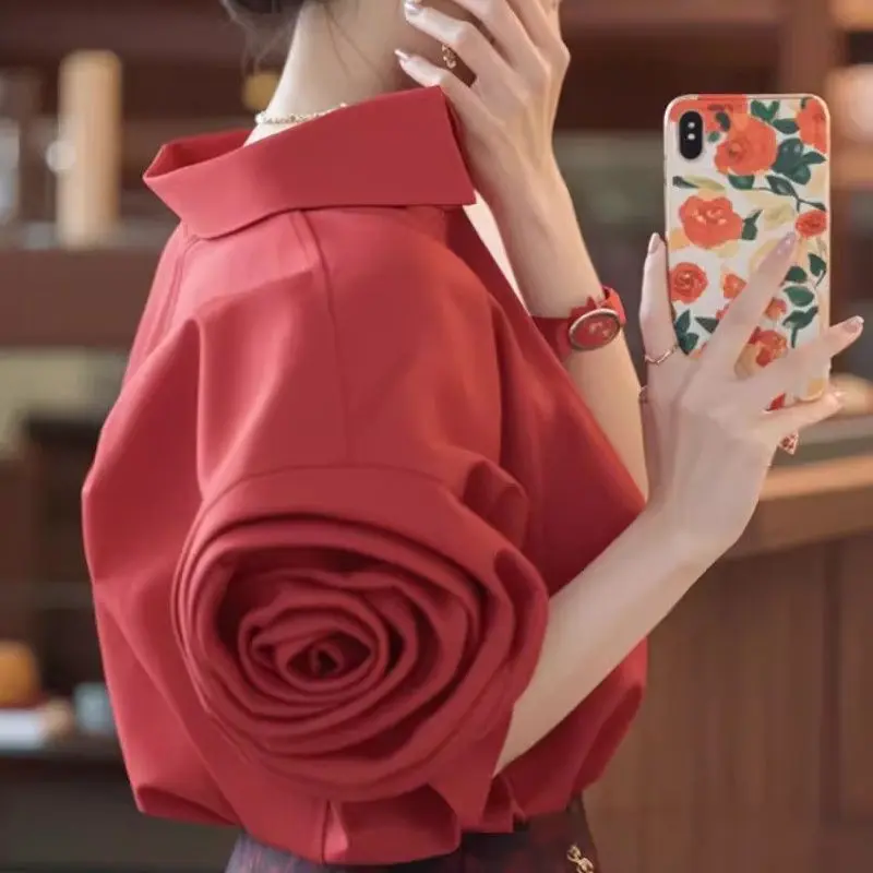 Áo Sơ Mi Mới, Thời Trang, Thích Hợp Cho Mùa Thu, Cao Cấp, Dễ Phối Đồ, Dáng Rộng Vừa Vặn, Tay Lửng Màu Đỏ, Áo Sơ Mi, Áo Sơ Mi Khí Chất Nữ Women Top Shirt