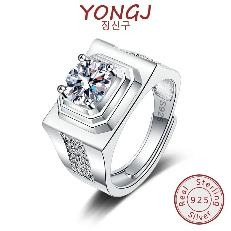 925 Silver Square Inlaid Moissanite Open Adjustable Ring