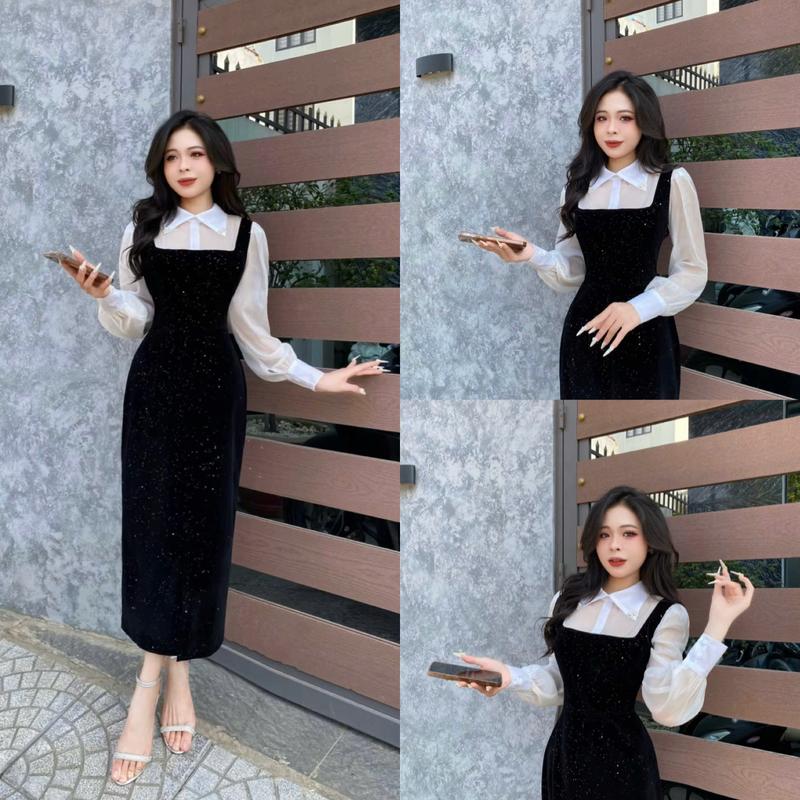 Váy Thiết Kế Thu Đông Evii TK77 dành cho nữ,Đầm thiết kế Nhung kim tuyến cổ bẻ (tặng kèm 2 tag nơ nhí)dáng bút chì xuông có xẻ trước phù hợp đi làm,đi chơi và dự tiệc.Có Bigsize Women Dress Đen
