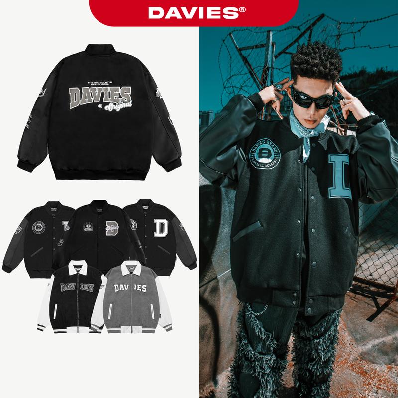  Áo khoác varsity jacket nam nữ màu đen phối tay da đẹp local brand DAVIES 