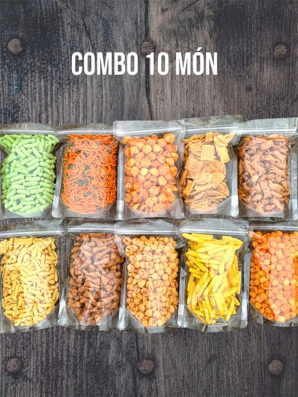 Combo 9 món Tặng 1 - Đùi gà phô mai, Xương chó, Sò biển, Tăm đậu hà lan, Mái tôn, Cá cay, Đậu xanh cốt dừa, Khoai tây, cua mỡ hành - Tặng 1 nui chiên - Snack ăn vặt