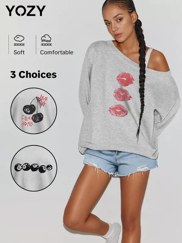 YOZY Women's Lip/Cherry/Billiard Ball Print Asymmetrical Neck Sweatshirt, Casual Drop Shoulder Long Sleeve Pullover for Spring & Fall, Ladies Clothes for Daily Wear 0