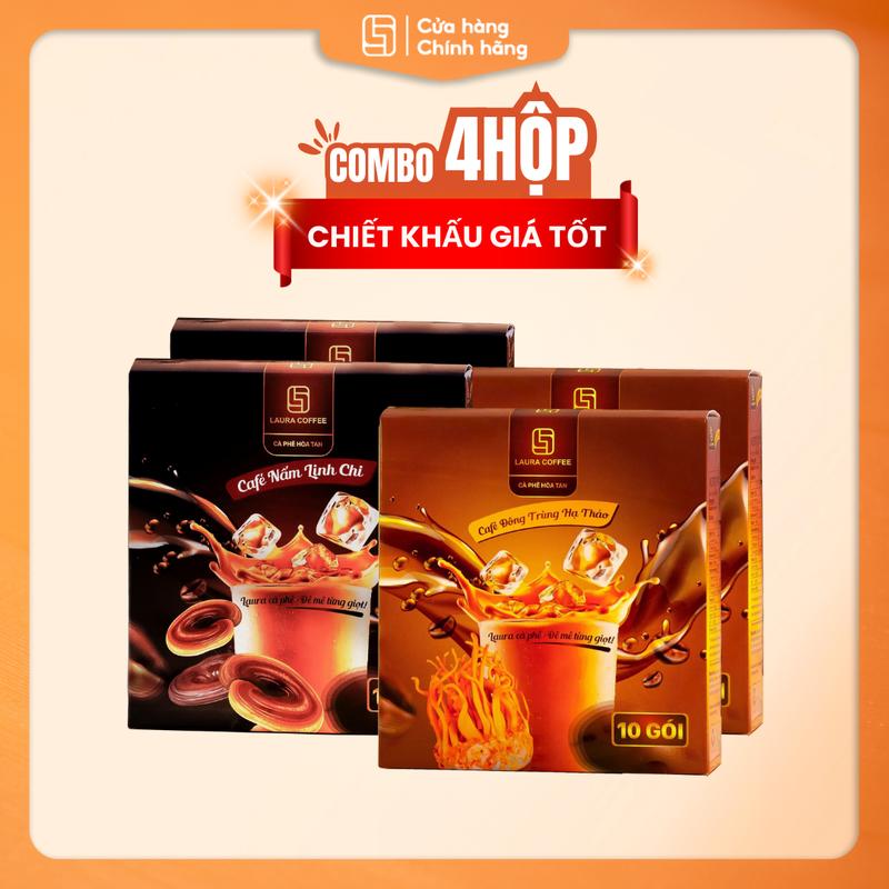 [Chiết khấu - Không quà ]Combo 4 HỘP Cà Phê Đông Trùng Hạ Thảo + Nấm Linh Chi - Laura Coffee - Nhât Kim Anh- Cà phê thảo mộc 2 vị Cafe