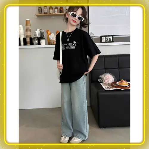 [Dũng Win] Set bộ ISLAND cho bé gái gồm 2 món Áo cotton chất mát co giãn + quần Jean mềm mặc thoải mái vận động , kiểu dáng hàn quốc size rộng 22kg-50kg