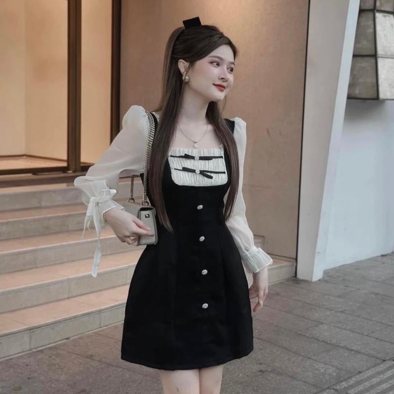 XẢ KHO ĐÀM NHUNG PHỐI VOAN TƠ NÚT NGỌC - 51202 KHÁNH VY Dress Nữ Women Màu Đen