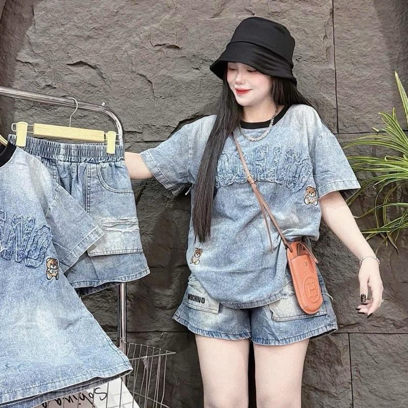 [Bigsize 60 - 90kg] Set Jean Nữ Thêu Chữ Áo Tay Ngắn Quần Ngắn, Chất Jean Tàu
