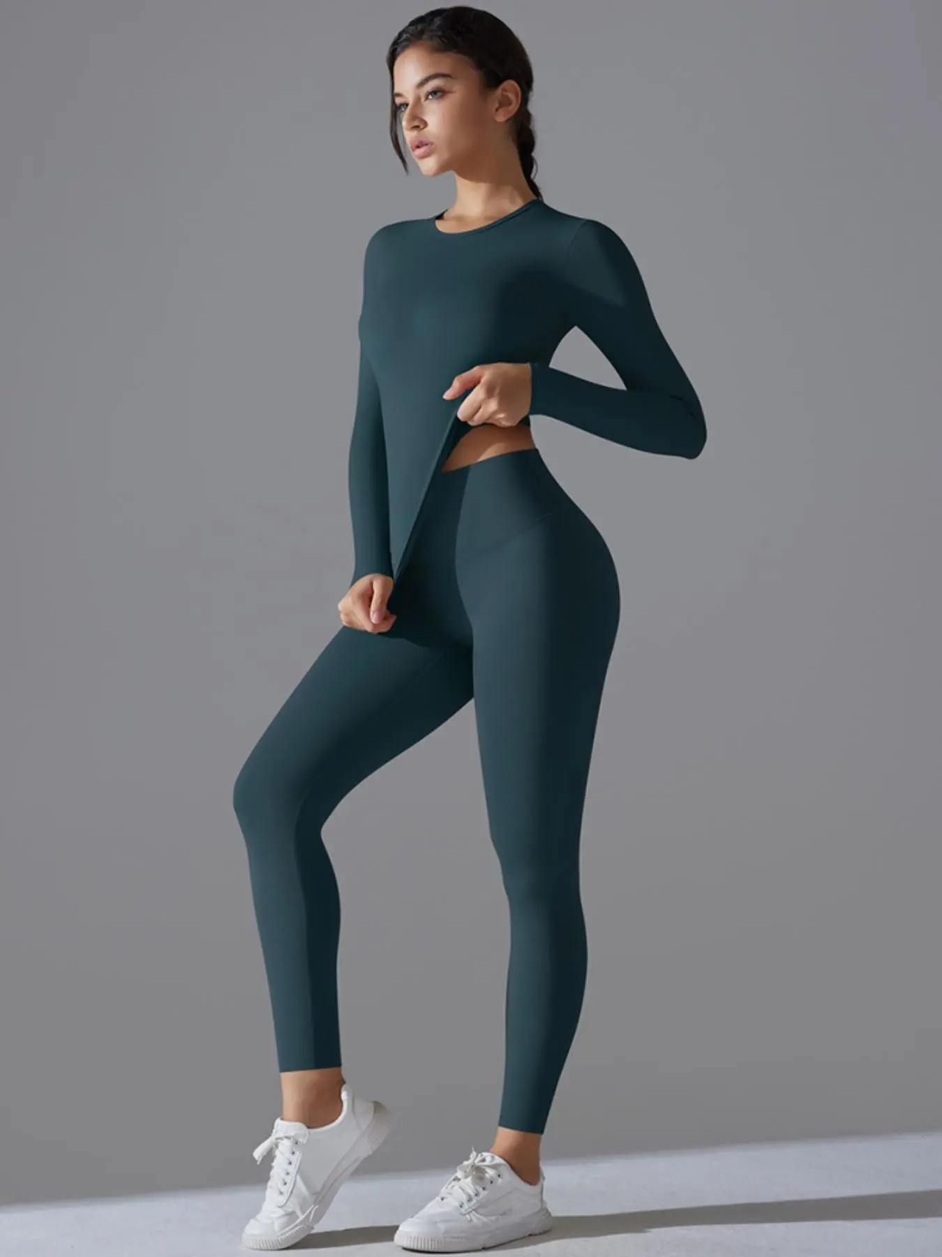 Women's Solid Long Sleeve Top & Glam Supersport Leggings Tracksuit Set, Sporty Breathable Quick Drying High Stretch  Outfits for Yoga Gym Workout Running Fitness, Activewear, Ladies Sportswear for Spring & Fall, Tall Clothing Women