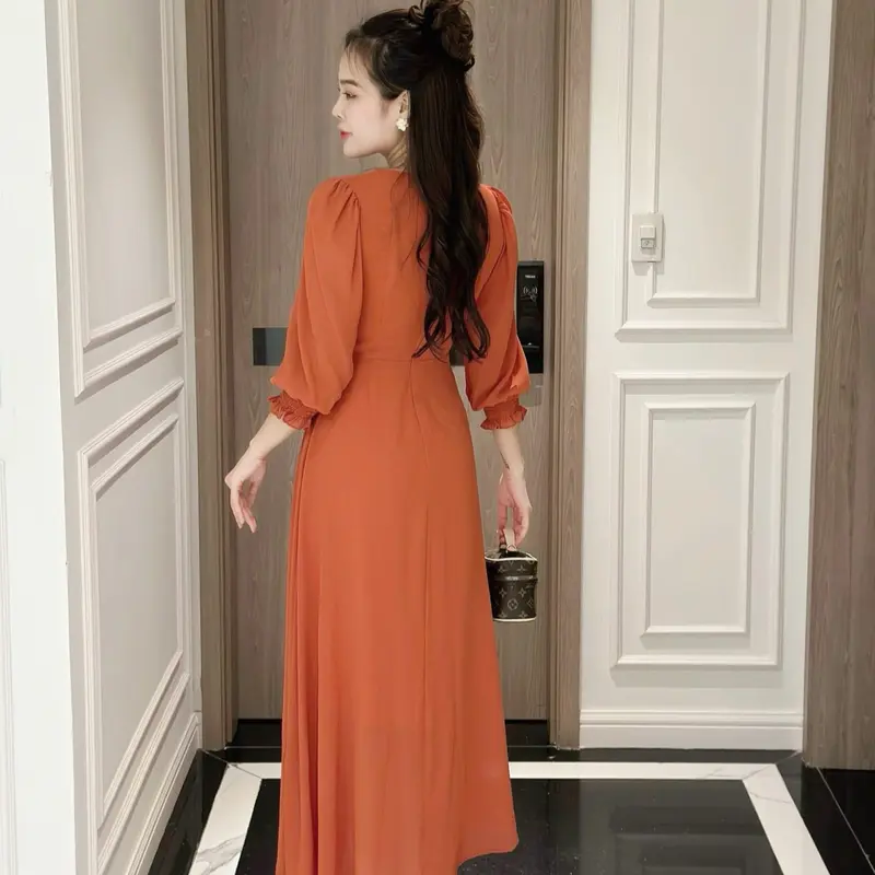 Đầm maxi form dài đính nút ngực, tay lỡ bo thun - GR0298 (Hình thật shop chụp) Nữ Dress 5