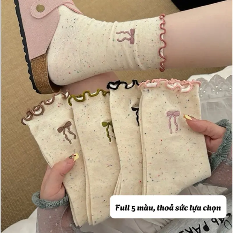Sét 10 đôi  Vớ Tất Nữ, Vớ Tất Cổ Cao Tất vớ Chất Cotton Thoáng Mát Thêu Nơ Phối Viền Bèo Nhún Cổ Chân Phong Cách Hàn Quốc