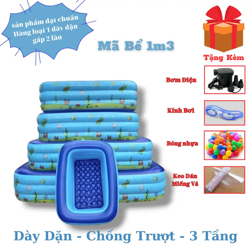 Bể Bơi 1M3 3 Tầng Tặng Kèm Bơm Điện + Bóng + Keo Dán Miếng Vá 0