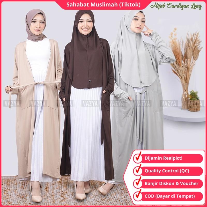 Jilbab Instan Kerudung Instant Hijab Cardigan Jumbo 2 in 1 yang Menyatu dengan Kardigan Khimar Bahan Jersey Panjang Simple Syari Muslim Cantik Warna Hitam Putih Navy Milo Mocca Abu-Abu Maroon Pink 2