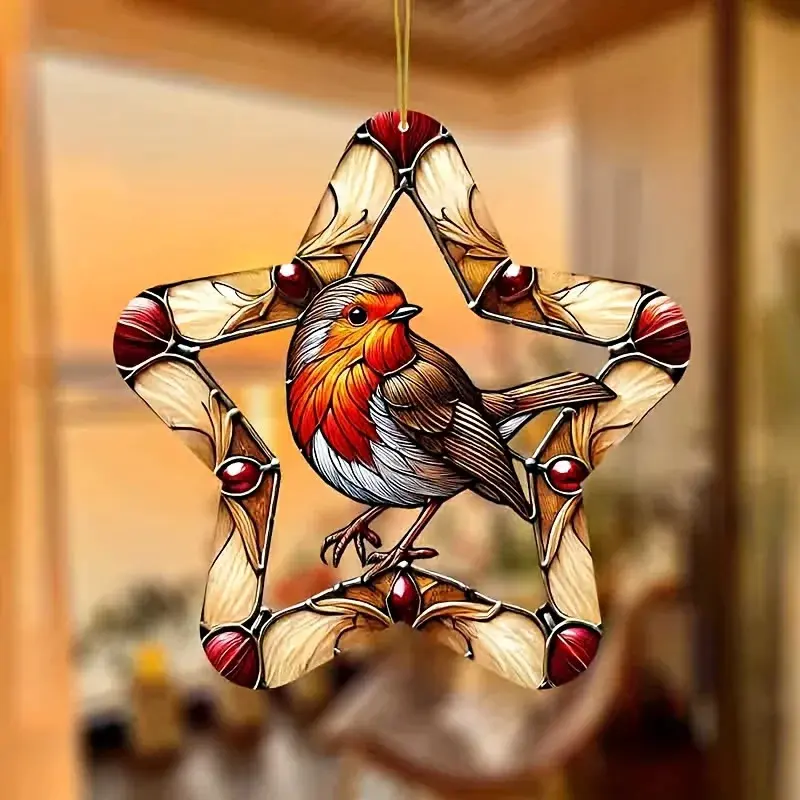 Vibrant Robin Bird Garden Light Catcher 8 Inch Stained Glass Window Hanging Decor with Hemp Rope Hoops