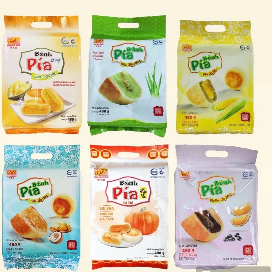 Pía chay mini Tân Huê Viên vị tuỳ chọn (480g, 12 bánh) (có sầu riêng) (kim sa bí, pía dừa, chay đậu đen, kim sa bắp ,chay dứa sầu riêng)