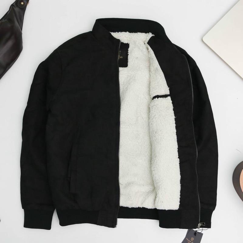 Áo khoác da lộn nam lót lông cừu cổ cao bomber đẹp cao cấp hàng hiệu mặc thu đông siêu ấm áp Đen Menswear aokhoac