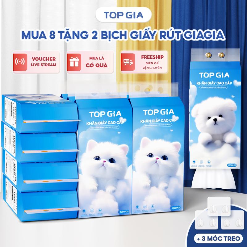 [DEAL LIVE] Mua 8 bịch TẶNG 2 bịch Khăn Giấy Rút Treo Tường Cao Cấp TopGia 1000 tờ, 4 lớp kèm 3 móc treo tường tiện lợi