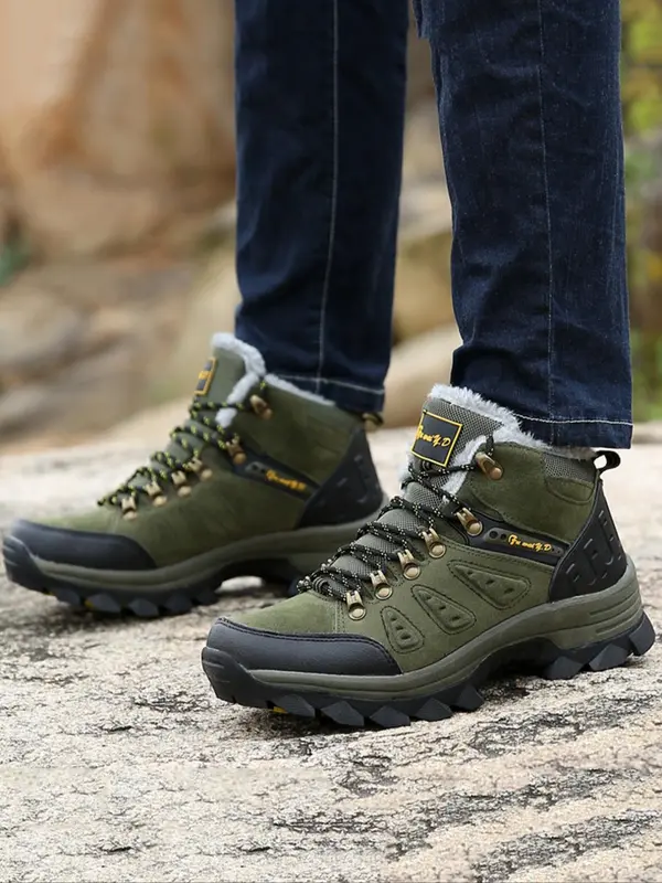 Men's Solid Color Lace Up Ankle Boots, 2024 New Style Casual Sporty Warm Snow Boots for Outdoor Hiking, Non-slip Comfortable Camping Shoes for Fall & Winter 1