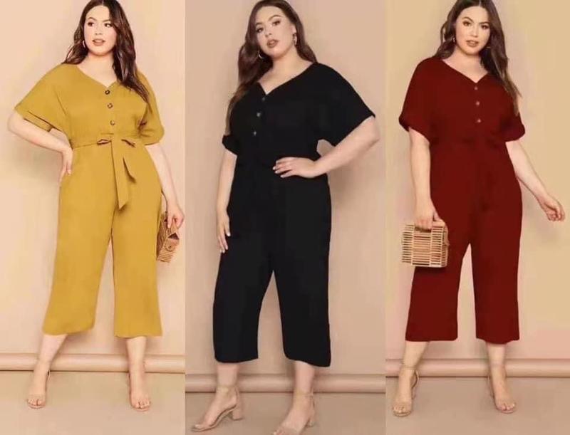 Product Introduction of plus botton front v neck short sleeve belted jumpsuit 1