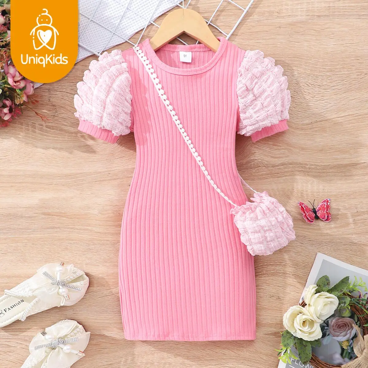 UniqKids 3-8Y girls summer bubble short-sleeved dress round neck solid color round neck fashion casual skirt blue  dress