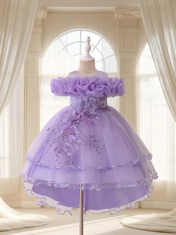 Girl's Floral Embroidery Layered Tulle Formal Dress, Elegant Party Tutu Dress for Performance Show Wear, Kids Clothes for All Seasons 3