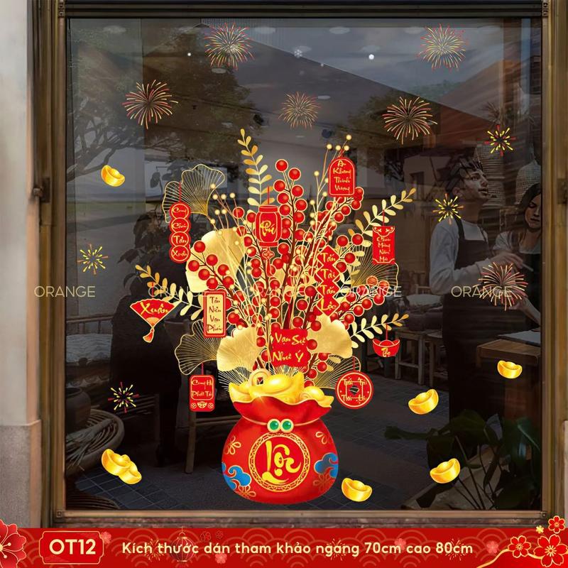 Decal trang trí Tết 2025 hít tĩnh điện bình đào đông OT12 dán cửa kính