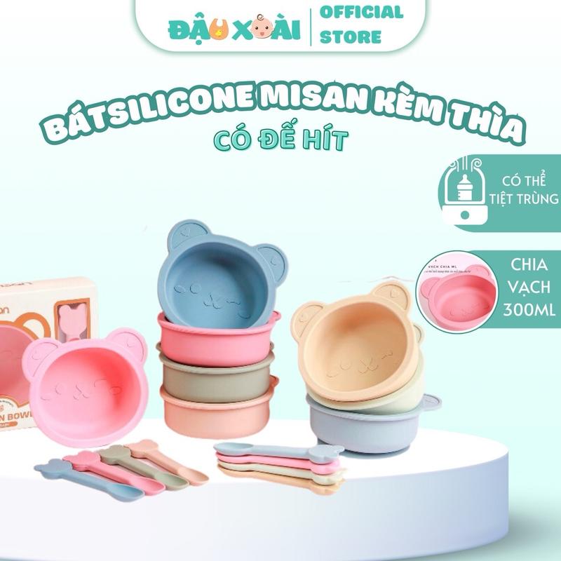 Bát silicone kèm thìa Misan có vạch ML ( 300ml) Cho Bé Kem chen  dam chen  dam