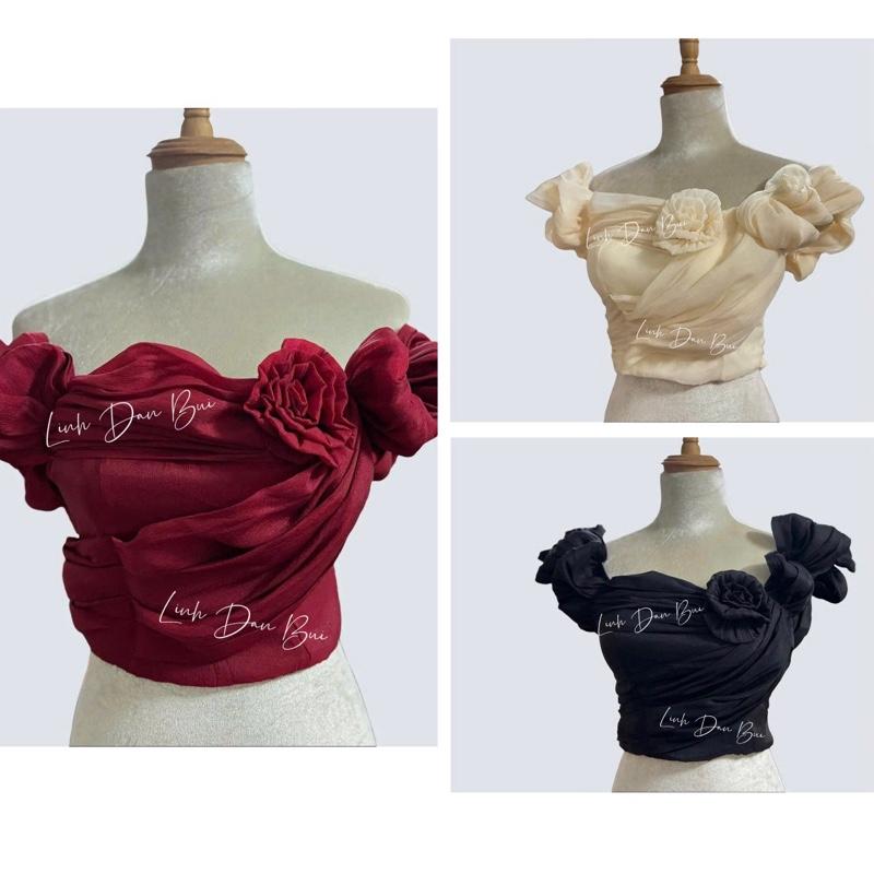 Áo VOAN CROPTOP Trễ Vai Bèo Nhún Đính Bông LDB