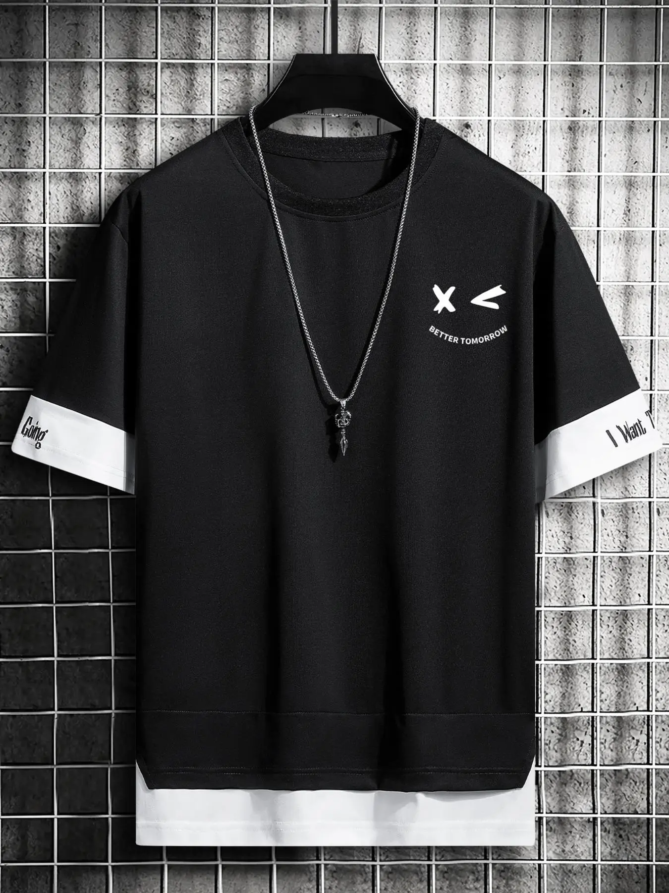 Men's Colorblock Letter Cartoon Face Print Tee without Necklace, Summer Y2K Round Neck Short Sleeve T-shirt, Fashion Men's Top for Daily Wear