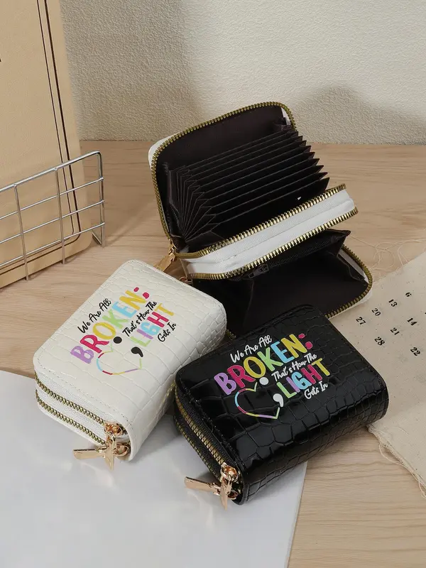 Fashion Letter Pattern Card Holder, Casual Versatile Zipper Card Holder, Simple Multi Slot Card Holder for Women & Girls 4