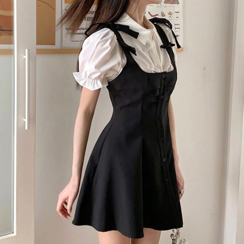Set Váy Hai Dây Thắt Nơ Kèm Áo Sơ Mi Tay Phồng Xinh Xắn Dễ Thương Nhẹ Nhàng 2