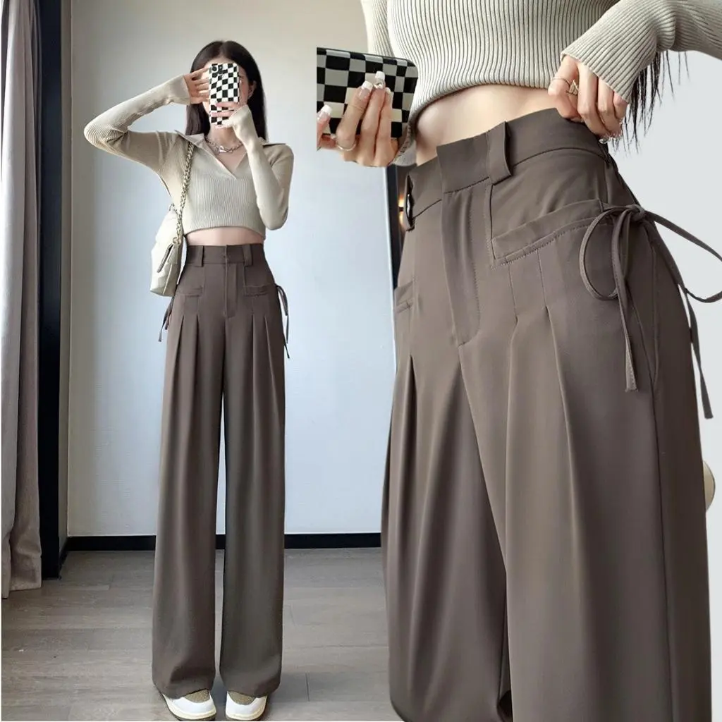 [Ma22] Quần ống rộng cạp cao túi vuông có dây  Chất RUBY HÀN mát mềm rủ quần Pants Nữ Đen Women Ong