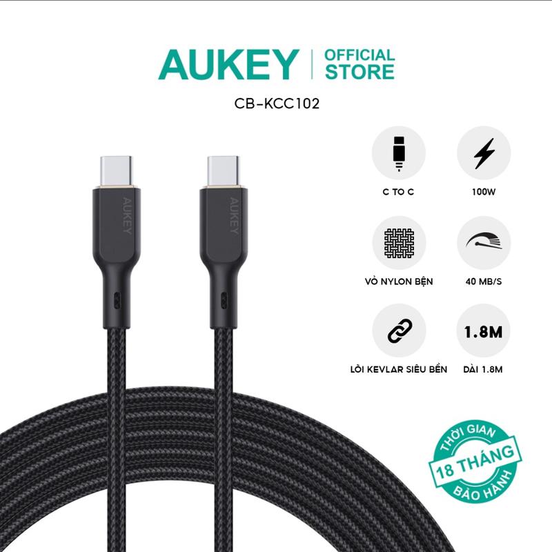 Cáp Sạc Aukey CB-KCC102 Bọc Dù Lõi Kevlar 1.8m Siêu Bền - Hàng Chính Hãng