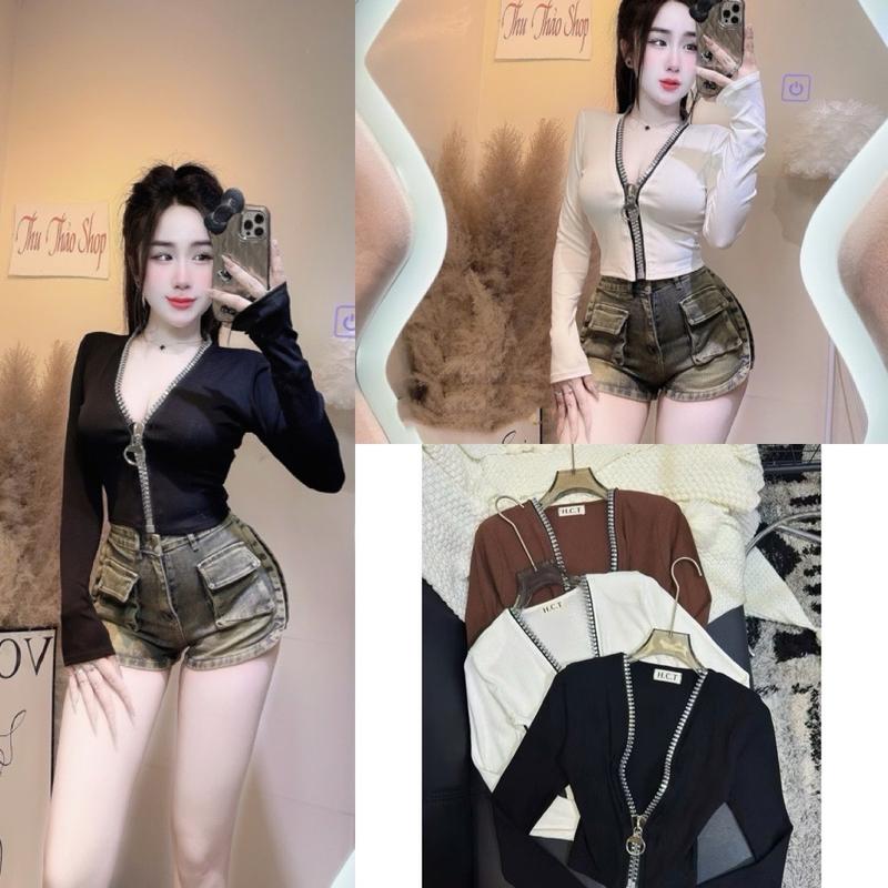 ÁO THUN TAY DÀI C TIM KÈM DÂY KHOÁ FOM CROPTOP NGẮN TRÊN RÚN DƯỚI 53kg