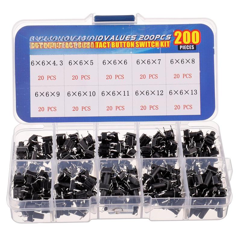 10 Values 200 count 6x6 mm Tactile Pushbutton Switches 4 Pin Momentary ...