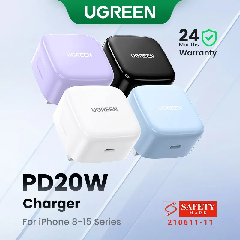 Pengecas USB Pantas, UGREEN, 20W PD, Caj Pantas 4.0 dan 3.0, Serasi dengan iPhone 14, 13, 12, 11, X, XS, XR, 8
