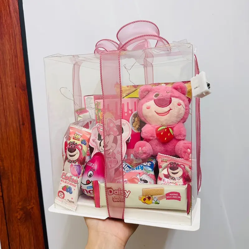 Sét quà bánh kẹo hộp mika tone hồng tặng sinh nhật trung thu lễ tết gấu dâu 1