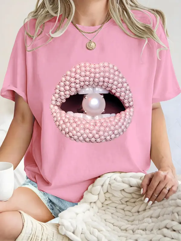Women's Mouth & Faux Pearl Print Round Neck Tee, Fashion Casual Crew Neck T-Shirt for Daily Holiday Vacation Outdoor Wear, Ladies Clothes for Summer 3