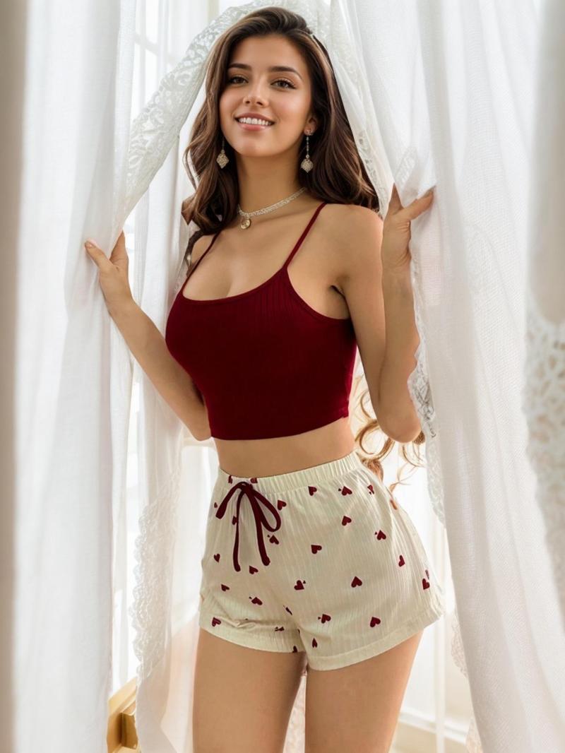 Product Introduction of Women's Plain Cami Top & Heart Print Shorts Pyjama Two-Piece Set, Casual Comfy Spaghetti Strap Camisole & Shorts PJ Set, Ladies Sleepwear for All Seasons 3