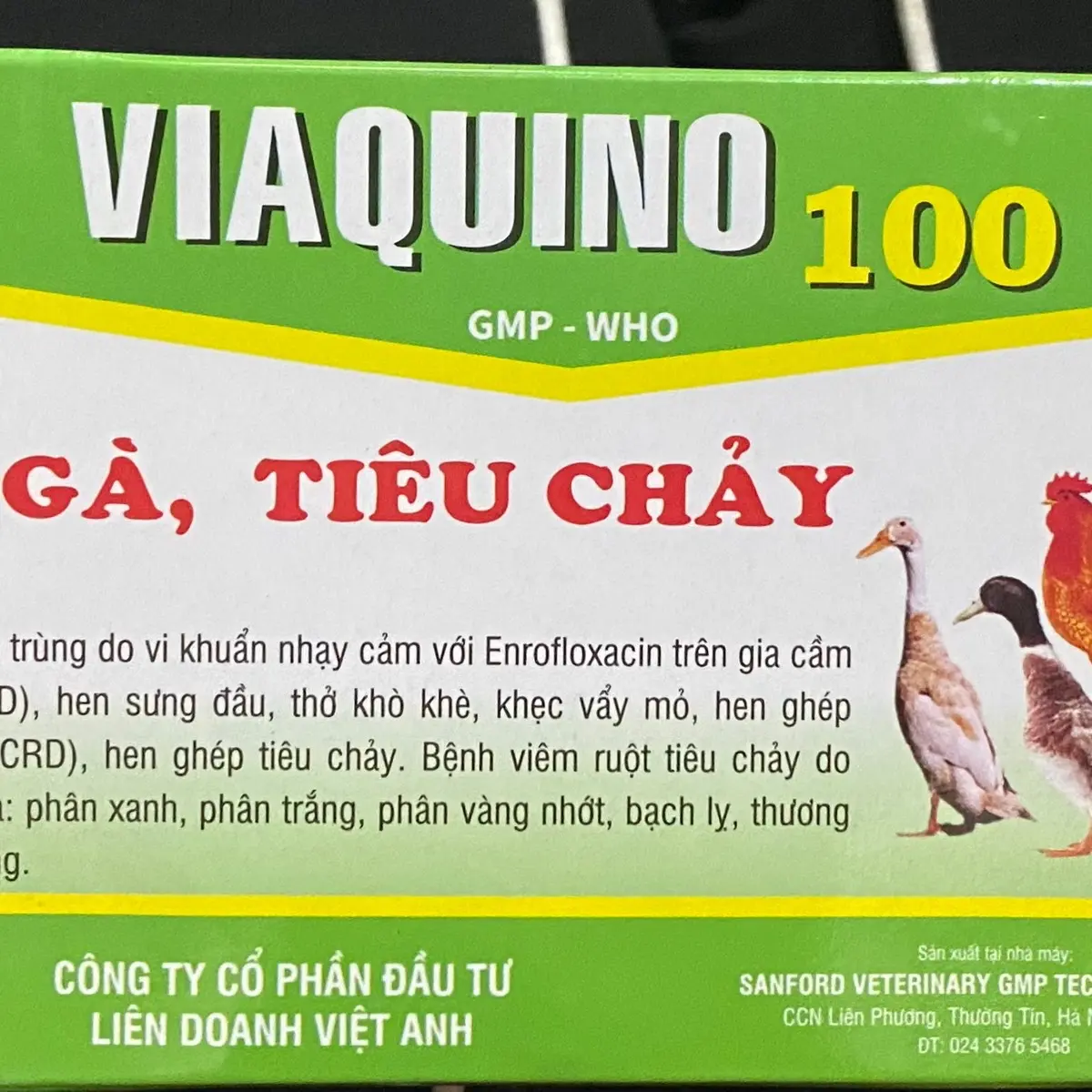 Cty cổ phần liên doanh đầu tư Việt Anh Viaquino 100 đặc trị hen gà, tiêu chảy. Dung dịch nhỏ miệng