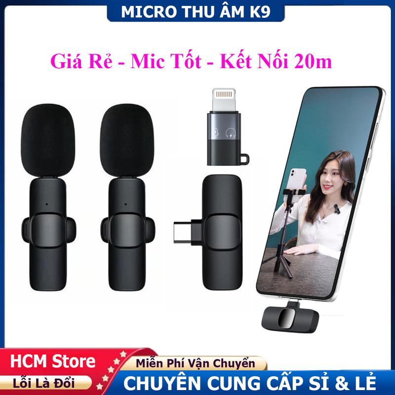Mic Thu Âm Cài Áo Không Dây K9 Lọc Giảm Tiếng Ồn, Chân Cắm Type-C Hoặc LightNing Cho Tất Cả Điện Thoại, PC, Laptop