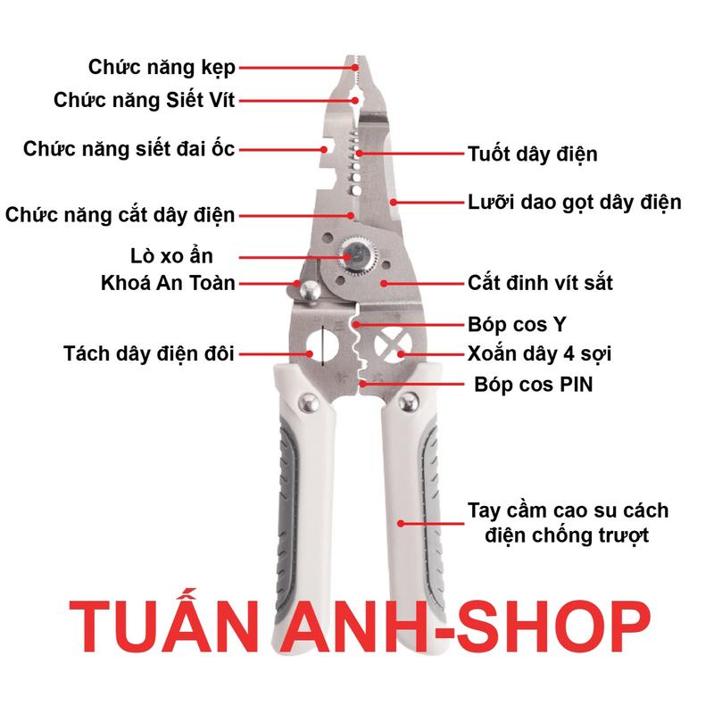 Kìm tuốt dây điện đa năng 9 trong 1, Làm từ Thép gió HSS, tước dây 4mm, Lò xo ẩn