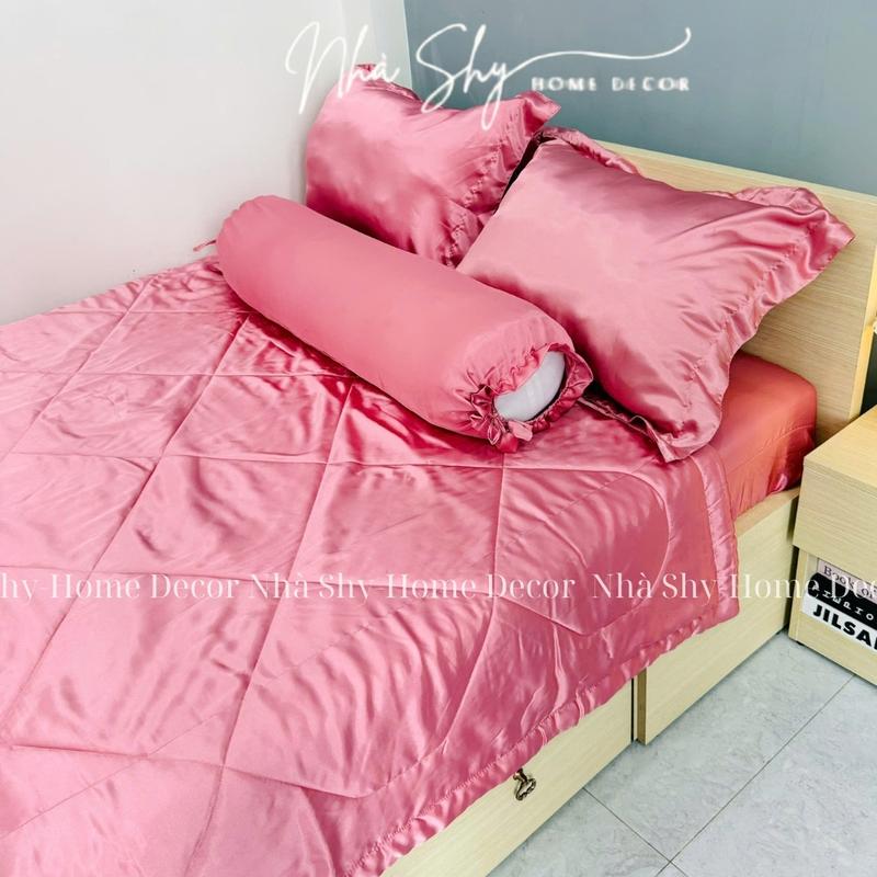 Bộ Chăn Gra Phi Lụa 5 Món Màu Hồng Đất - Set 4 món không mền set 5 món có mền - Nhà Shy
