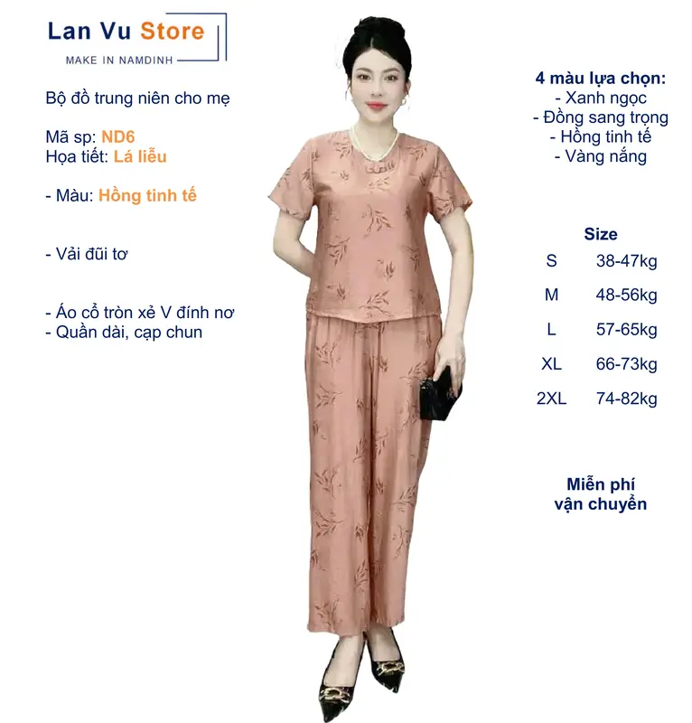 ND6 Bộ cho Mẹ, Bộ Trung Niên, Bộ mặc nhà, LANVU STORE Make in Namdinh, Họa tiết Lá liễu, Áo Cổ tròn xẻ V đính nơ, Quần suông dài 9 tấc có túi, Vải đũi tơ thoáng nhẹ Nữ Women Voi setdongu cute đồ macnha 2
