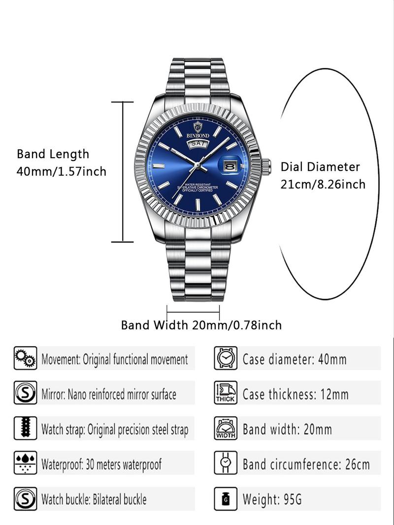 Product Introduction of Men's Business Fashion Round Dial Stainless Steel Strap Quartz Watch, Fashion Watch for Party, Daily Clothing Decor, Trendy All-match & Exquisite Watch for Birthday Gift with Box 1