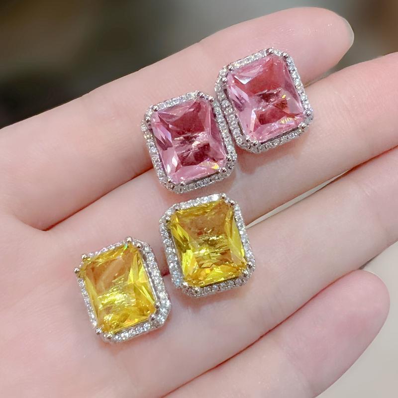 Product Introduction of Tik Tok Live Stream Rectangular Diamond Colored Gems Eardrops Stud Earrings Ring Hot Sale Square Pink Yellow Diamond Crystal Jewelry Suit sakuya  keychain gantungan  kunci bus  stop ganesha  keychain sonny  angel 3
