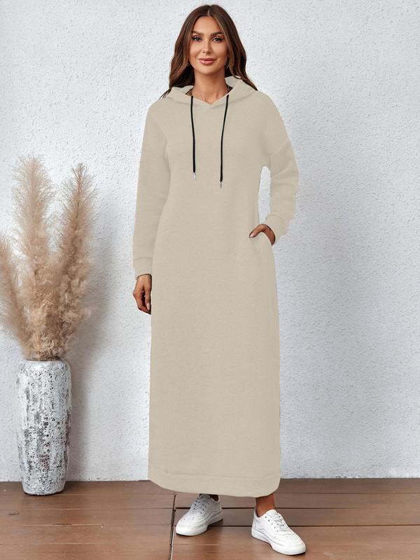 Women's Simple Plain Drawstring Drop Shoulder Hooded Long Dress, Casual Pocket Long Sleeve Dress for Fall & Winter 6