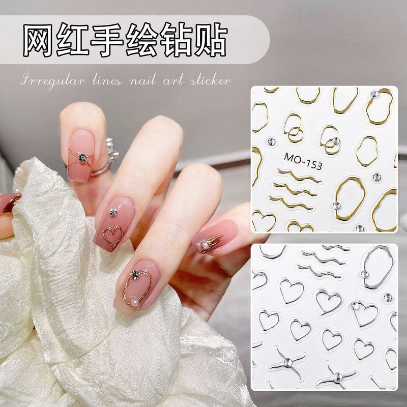 Miếng Dán Giảm Móng Tay, Ba Chiều, Mạ Vàng, Cảm Giác Trực Tuyến, Hình Dạng Trái Tim Và Thiết Kế Hình Học Rỗng Họa Tiết Trái Tim 3D, Trang Trí Móng Tay Đầu Thu 0